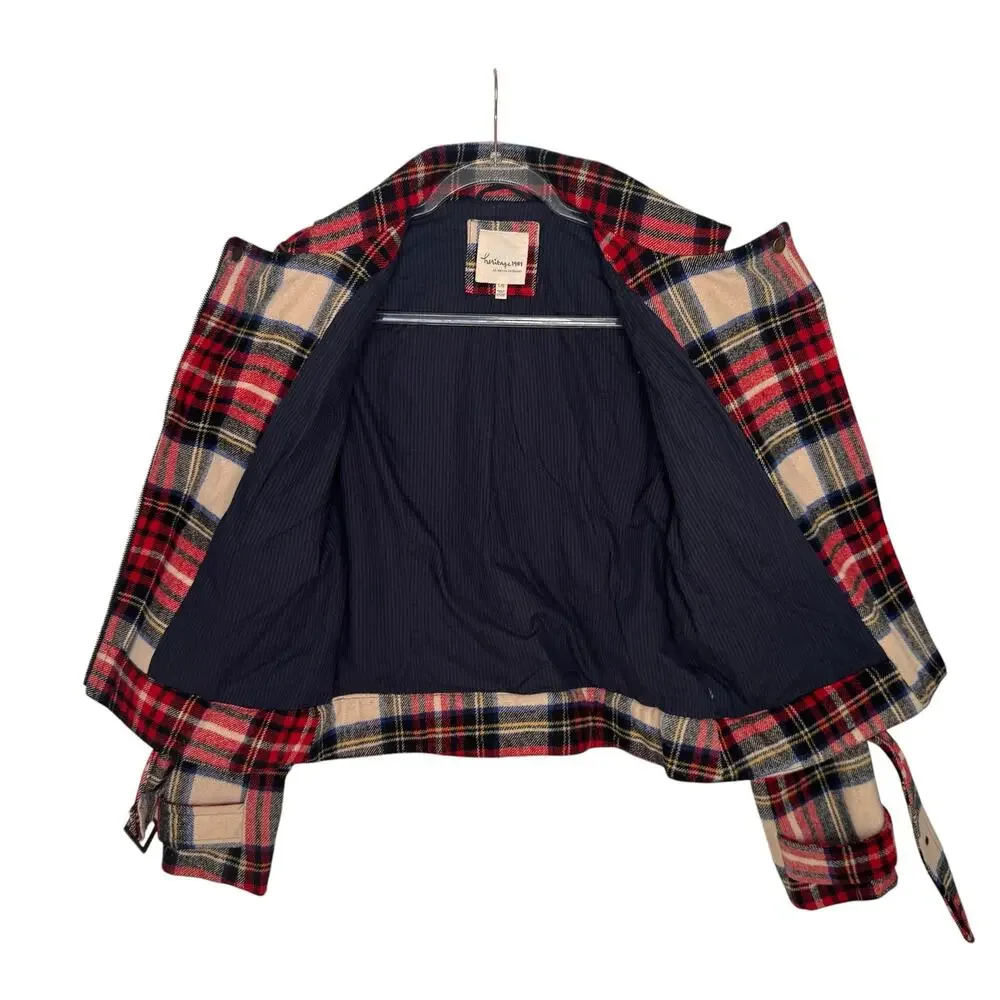 Heritage 1981 Wool Blend Plaid Moto Biker Jacket Belted Red Tartan Preppy Small